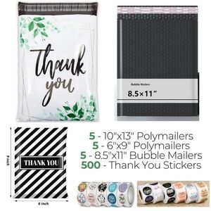 Shipping Bundle - Polymailers, Bubble Padded Mailers - 500 Thank You Stickers